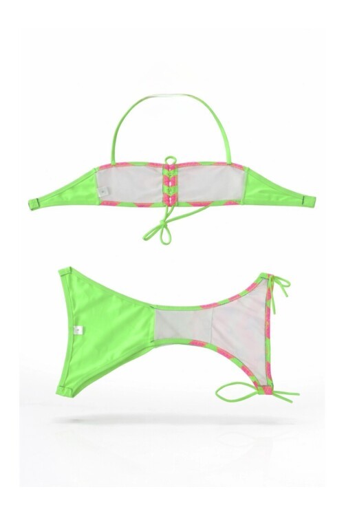 Kız Çocuk Neon Yeşil Unicorn Desenli  2-8 Yaş Straplez Bikini Takım HZL24S-LC3658