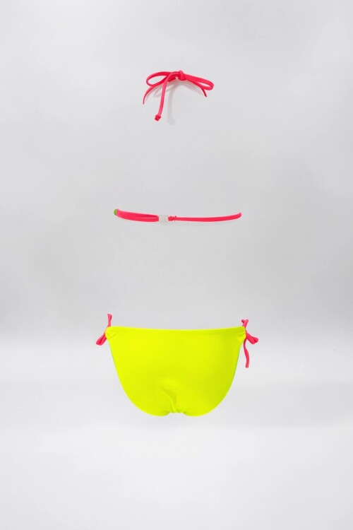 Kız Çocuk Sarı Yeşil Flamingo Glow Desenli  6-14 Yaş Üçgen Bikini Takım HZL26S-LC19018