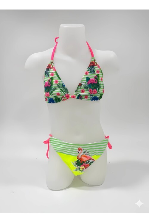 Kız Çocuk Sarı Yeşil Flamingo Glow Desenli  6-14 Yaş Üçgen Bikini Takım HZL26S-LC19018