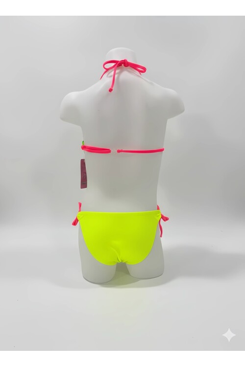 Kız Çocuk Sarı Yeşil Flamingo Glow Desenli  6-14 Yaş Üçgen Bikini Takım HZL26S-LC19018