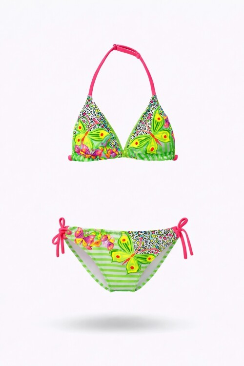 Kız Çocuk Yeşil Kelebek Desenli  2-8 Yaş Üçgen Bikini Takım HZL24S-LC2134