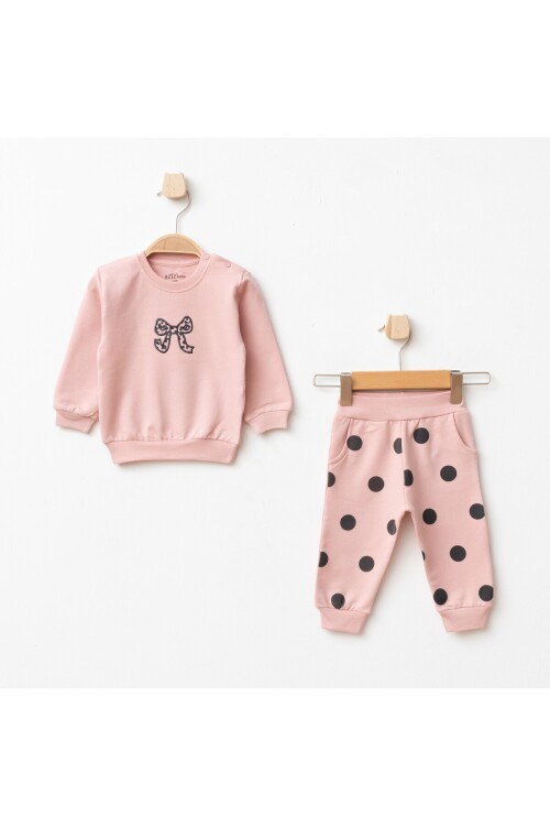 Aziz Bebe Kız Bebek Nakışlı Sweatshirt Pantolon 2 li Alt Üst Bebek Takımı 3 Ay-36 Ay