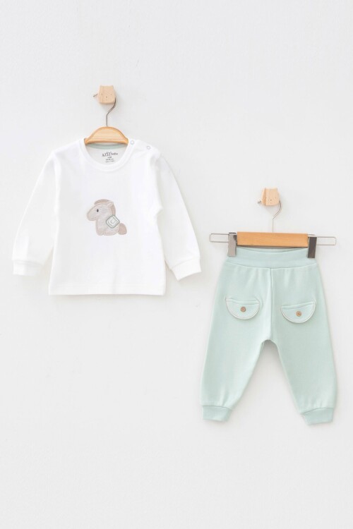 Erkek Bebek At Nakışlı Sweatshirt Pantolon T-shirt 3  lü Alt Üst Bebek Takımı 3 Ay - 36 Ay