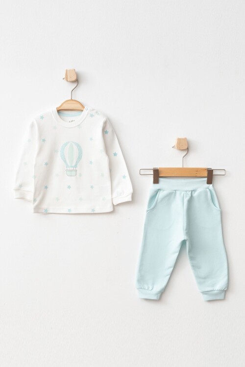 Erkek Bebek Balon Desenli Sweatshirt Pantolon T-shirt 3 lü Alt Üst Bebek Takımı 3Ay - 36Ay