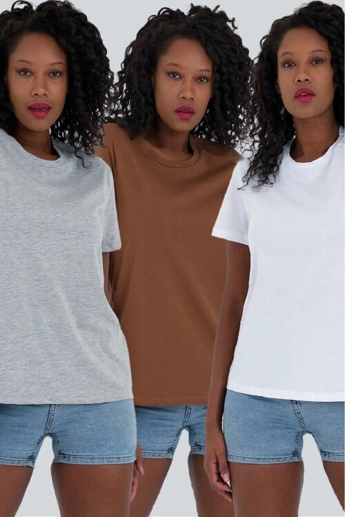 Kadın % 100 Pamuk 3lü Basic T-Shirt