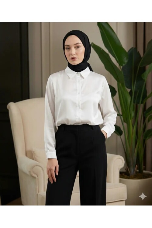 Kadın Beyaz Tesettür Küçük ve Büyük Bedenler Hafif Dökümlü Saten Yüzeyli Gömlek HZL25W-BD139641