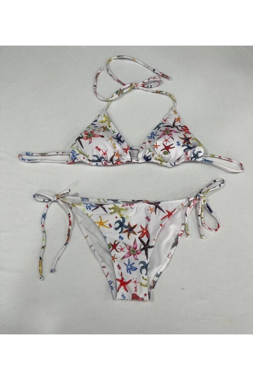 Kadın Beyaz Yıldız Temalı Boyundan İp Bağlamalı Üçgen Bikini Takımı HZL25S-LC5005