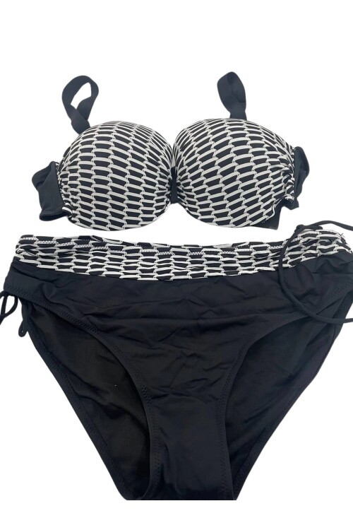 Kadın Beyaz Zincir Desenli Büyük Beden Astarlı Siyah Bikini Takım HZL25S-LC3303