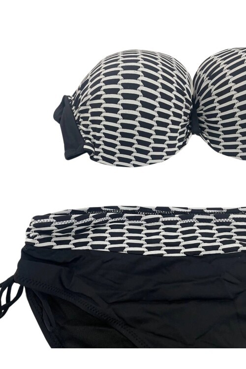 Kadın Beyaz Zincir Desenli Büyük Beden Astarlı Siyah Bikini Takım HZL25S-LC3303