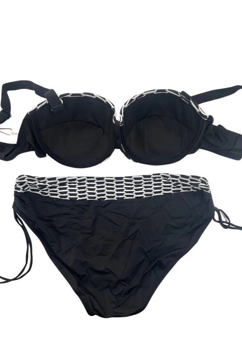 Kadın Beyaz Zincir Desenli Büyük Beden Astarlı Siyah Bikini Takım HZL25S-LC3303