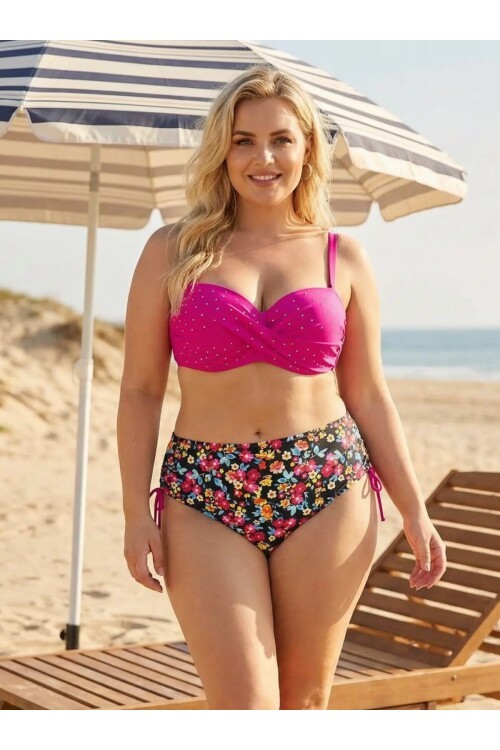 Kadın Fuşya Çiçek Desenli Taş İşlemeli Büyük Beden Astarlı Bikini Takım HZL25S-LC3312
