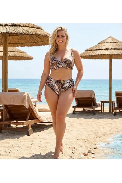 Kadın Kahverengi Leopar Desenli Astarlı Büyük Beden Bikini Takımı HZL25S-LC25006