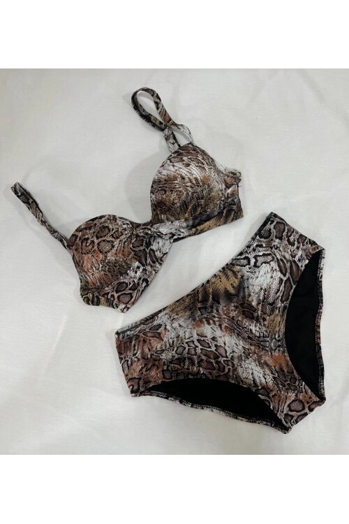 Kadın Kahverengi Leopar Desenli Astarlı Büyük Beden Bikini Takımı HZL25S-LC25006