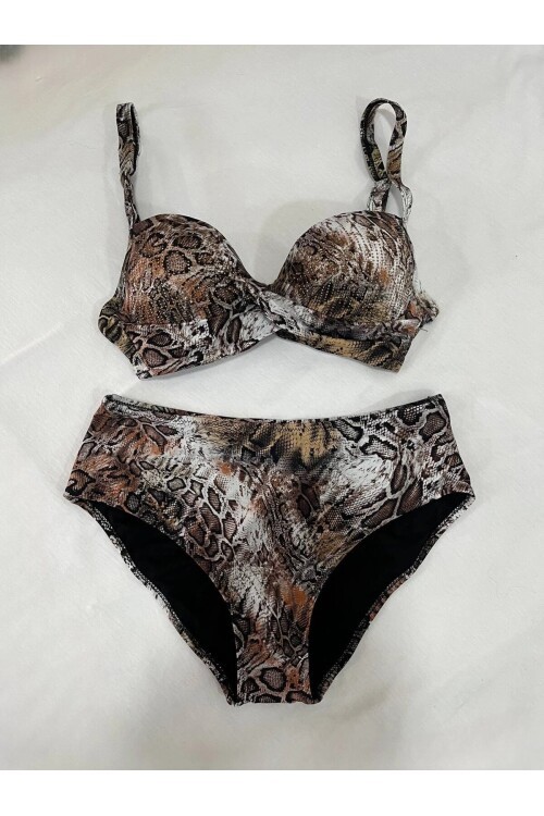 Kadın Kahverengi Leopar Desenli Astarlı Büyük Beden Bikini Takımı HZL25S-LC25006