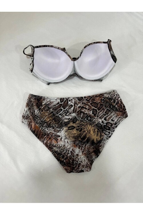 Kadın Kahverengi Leopar Desenli Astarlı Büyük Beden Bikini Takımı HZL25S-LC25006