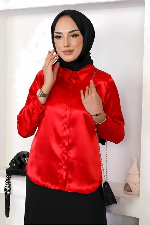 Kadın Kırmızı Saten Yüzeyli Tesettür Gömlek HZL25W-BD139641