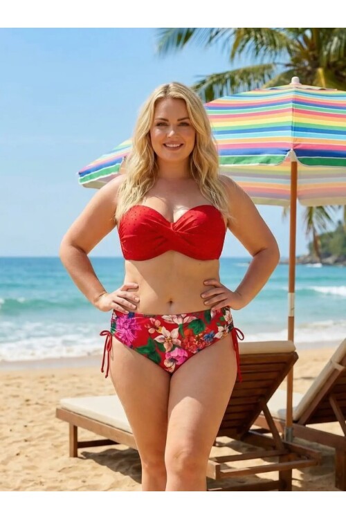 Kadın Kırmızı Taş İşlemeli Çiçek Desenli Büyük Beden Bikini Takım HZL25S-LC3368