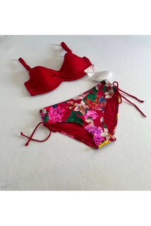 Kadın Kırmızı Taş İşlemeli Çiçek Desenli Büyük Beden Bikini Takım HZL25S-LC3368