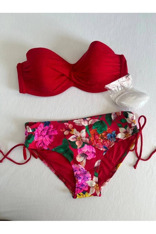 Kadın Kırmızı Taş İşlemeli Çiçek Desenli Büyük Beden Bikini Takım HZL25S-LC3368