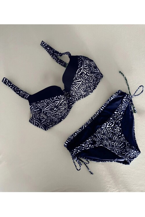 Kadın Lacivert Beyaz Desenli Büyük Beden Astarlı Bikini Takım HZL25S-LC4006