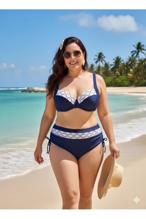 Kadın Lacivert Beyaz Etnik Desenli Büyük Beden Bikini Takım HZL25S-LC2220