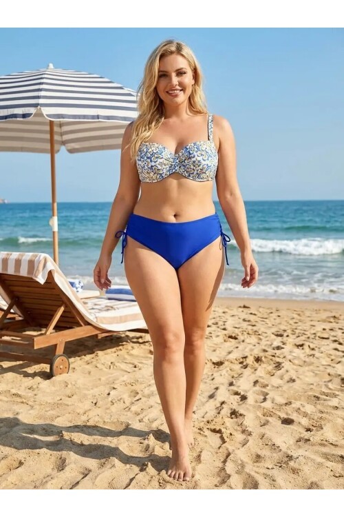 Kadın Mavi Beyaz Desenli Taş İşlemeli  Astarlı Bikini Takım HZL25S-LC3309