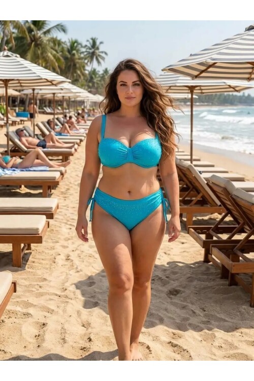 Kadın Mavi Taş İşlemeli Astarlı Bikini Takım HZL25S-LC3361