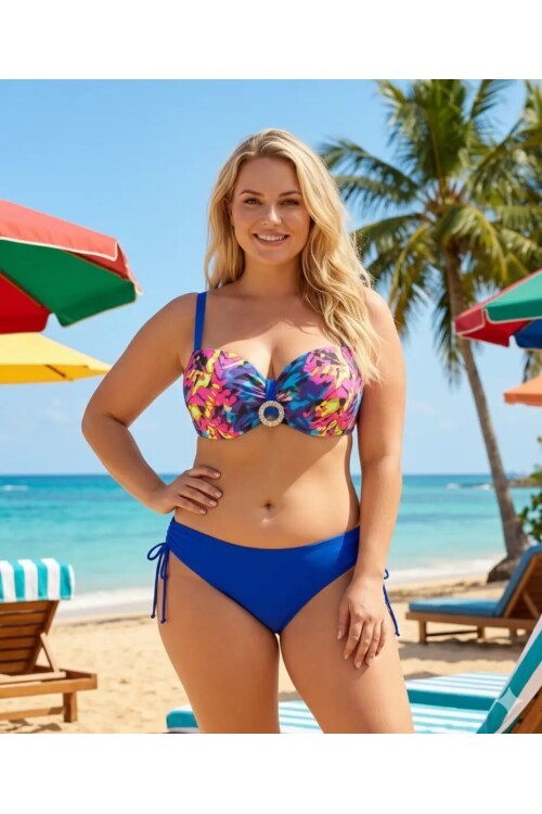 Kadın Saks Mavi Renk Desenli Toka Detaylı  Astarlı Bikini Takım HZL25S-LC3322