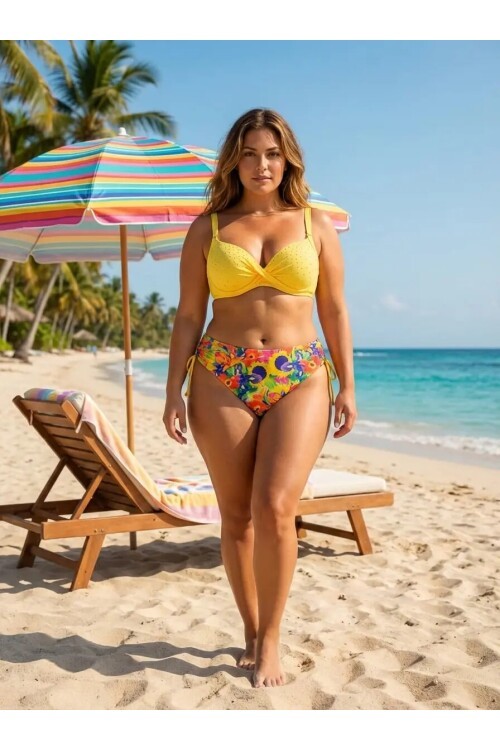 Kadın Sarı Çiçek Desenli Taş İşlemeli  Astarlı Bikini Takım HZL25S-LC3313