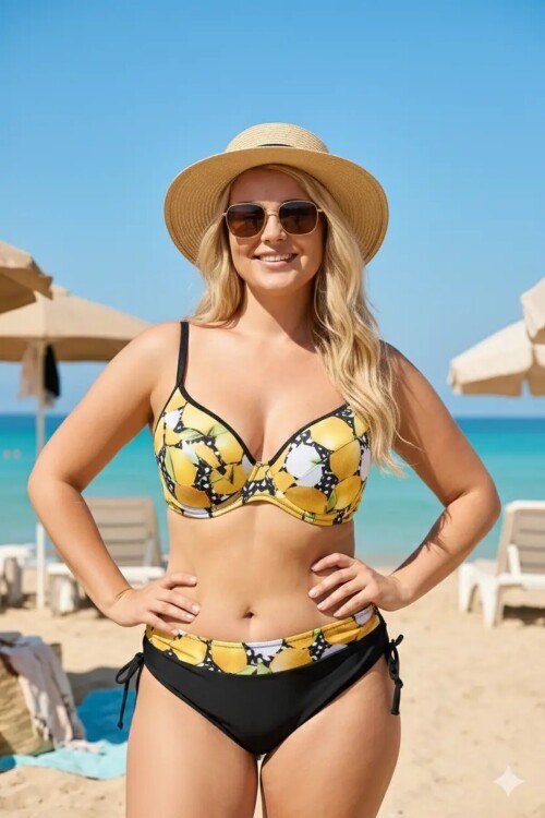 Kadın Sarı Siyah Limon Desenli İp Askılı Yüksek Bel Büyük Beden Bikini Takım HZL24S-LC3348