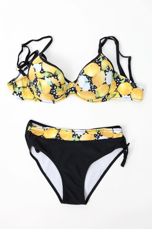 Kadın Sarı Siyah Limon Desenli İp Askılı Yüksek Bel Büyük Beden Bikini Takım HZL24S-LC3348