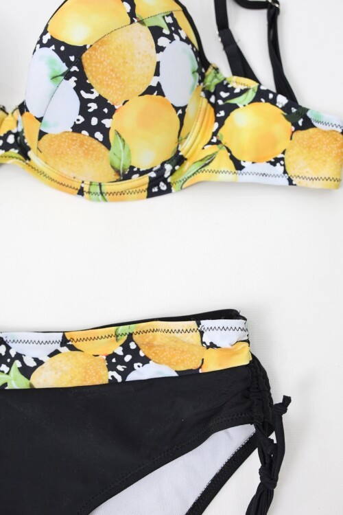 Kadın Sarı Siyah Limon Desenli İp Askılı Yüksek Bel Büyük Beden Bikini Takım HZL24S-LC3348