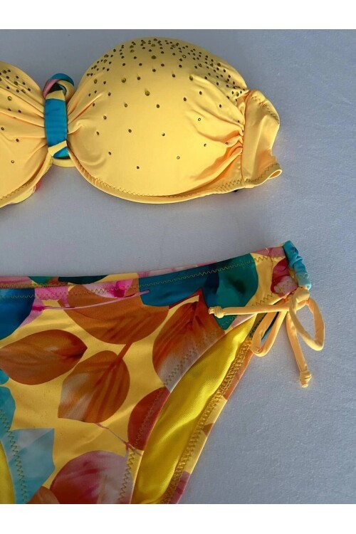 Kadın Sarı Taş İşlemeli Astarlı Bikini Takım HZL25S-LC207