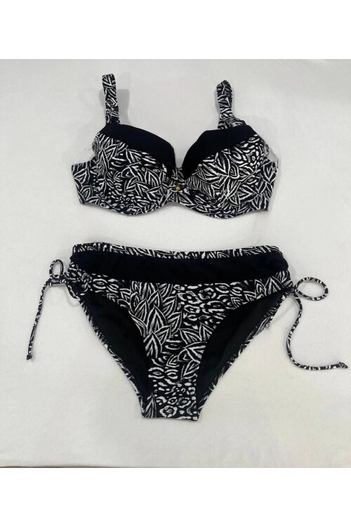 Kadın Siyah Beyaz Desenli Büyük Beden Astarlı Bikini Takım HZL25S-LC4006