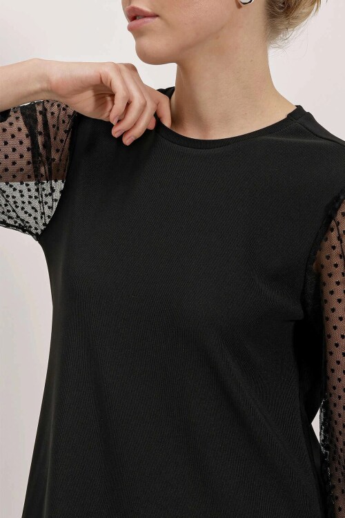 Kadın Siyah Bisiklet Yaka Tül Kollu Mini Elbise HZL24S-BD124671
