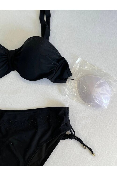 Kadın Siyah Taş İşlemeli Astarlı Bikini Takım HZL25S-LC3361