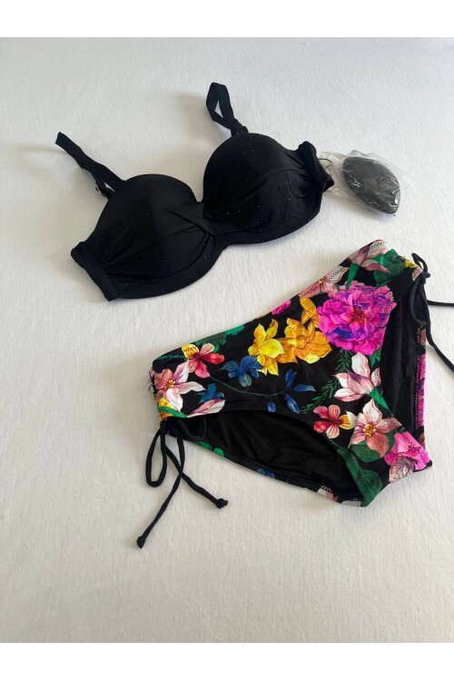 Kadın Siyah Taş İşlemeli Çiçek Desenli Büyük Beden Bikini Takım HZL25S-LC3368