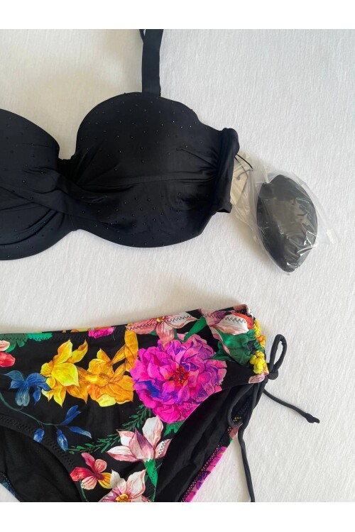 Kadın Siyah Taş İşlemeli Çiçek Desenli Büyük Beden Bikini Takım HZL25S-LC3368