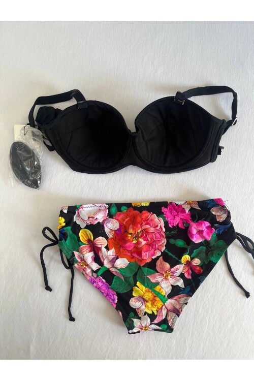 Kadın Siyah Taş İşlemeli Çiçek Desenli Büyük Beden Bikini Takım HZL25S-LC3368
