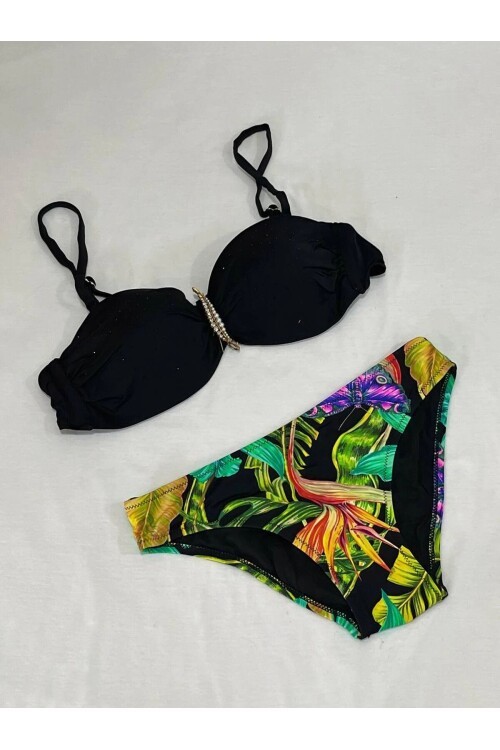 Kadın Siyah Taş İşlemeli Toka Aksesuarlı Astarlı Bikini Takım HZL25S-LC208