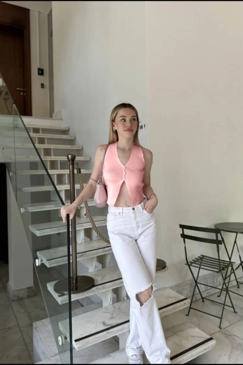 Kadın Somon Düğmeli Crop Triko Yelek HZL24S-ZK10231