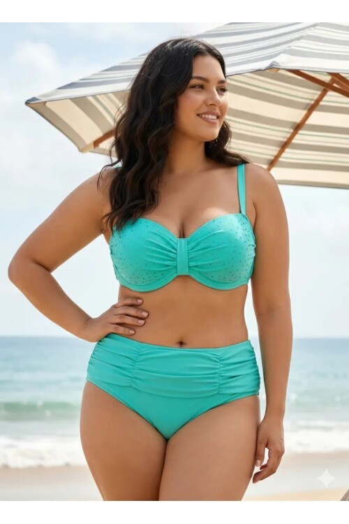 Kadın Turkuaz Taş İşlemeli Astarlı Büyük Beden Bikini Takımı HZL25S-LC01
