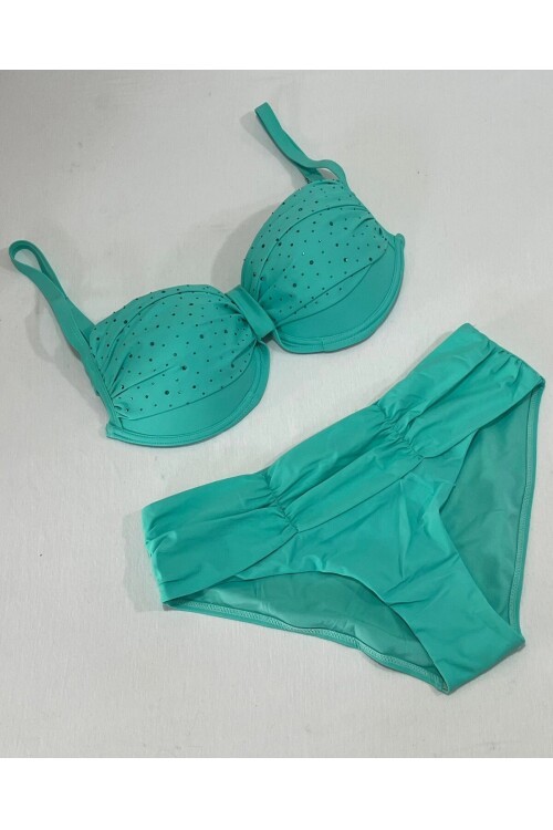 Kadın Turkuaz Taş İşlemeli Astarlı Büyük Beden Bikini Takımı HZL25S-LC01
