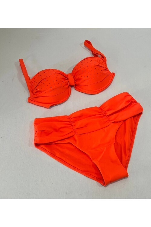Kadın Turuncu Taş İşlemeli Astarlı Büyük Beden Bikini Takımı HZL25S-LC01