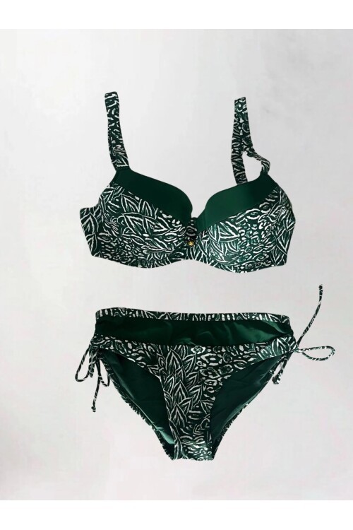 Kadın Yeşil Beyaz Desenli Büyük Beden Astarlı Bikini Takım HZL25S-LC4006