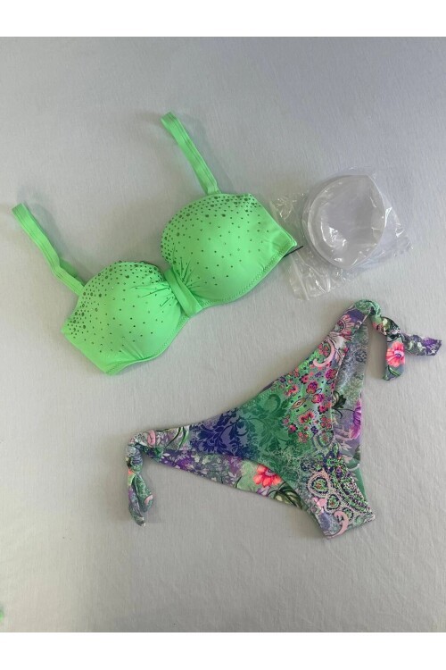 Kadın Yeşil Taş İşlemeli 3 Parça Bikini Takım HZL25S-LC3315