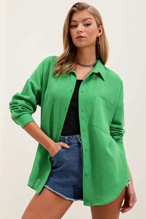 Kadın Yeşil Tek Cepli Oversize Keten Ayrobin Gömlek HZL24S-BD1201531