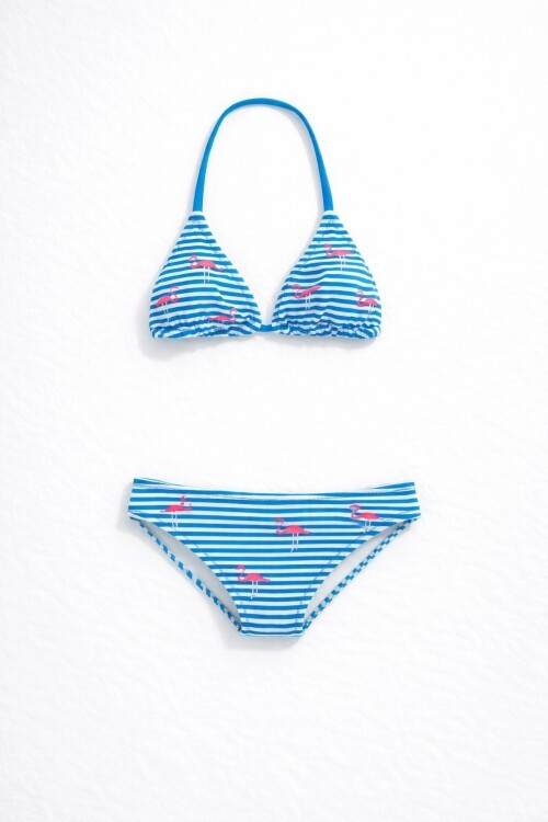 Kız Çocuk Mavi Beyaz Çizgili Flamingo Desenli  4-12 Yaş Üçgen Bikini Takım HZL24S-LC171