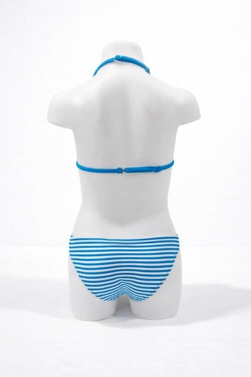 Kız Çocuk Mavi Beyaz Çizgili Flamingo Desenli  4-12 Yaş Üçgen Bikini Takım HZL24S-LC171