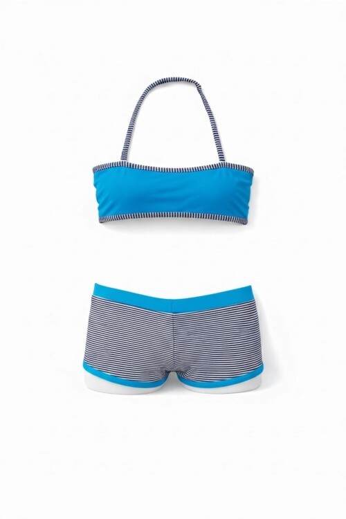 Kız Çocuk Mavi Siyah Çizgili Şortlu 4-12 Yaş Straplez Bikini Takım HZL24S-LC9034
